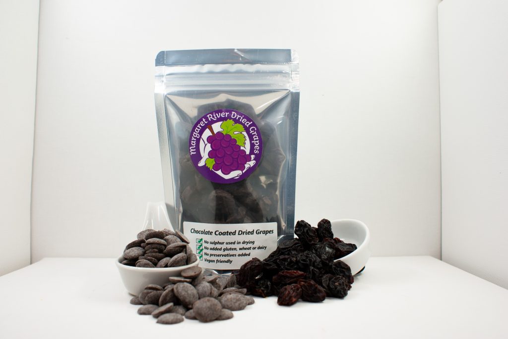 Dried Red Globe Grape coated in dark chocolate