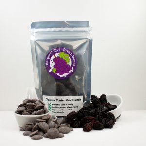 Dried Red Globe Grape coated in dark chocolate